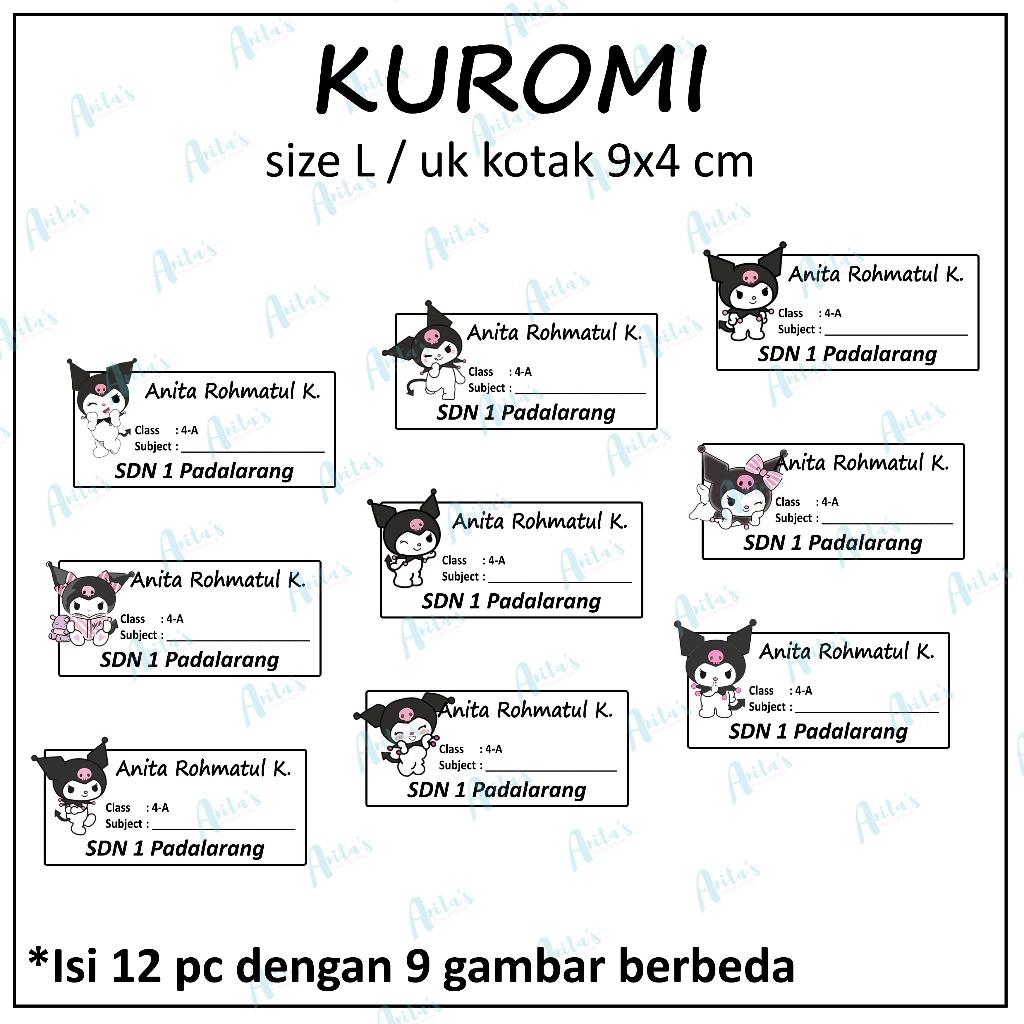 

12pcs STIKER NAMA BUKU PELAJARAN ANAK SEKOLAH tema KUROMI | size L / 9x4 cm | CUSTOM