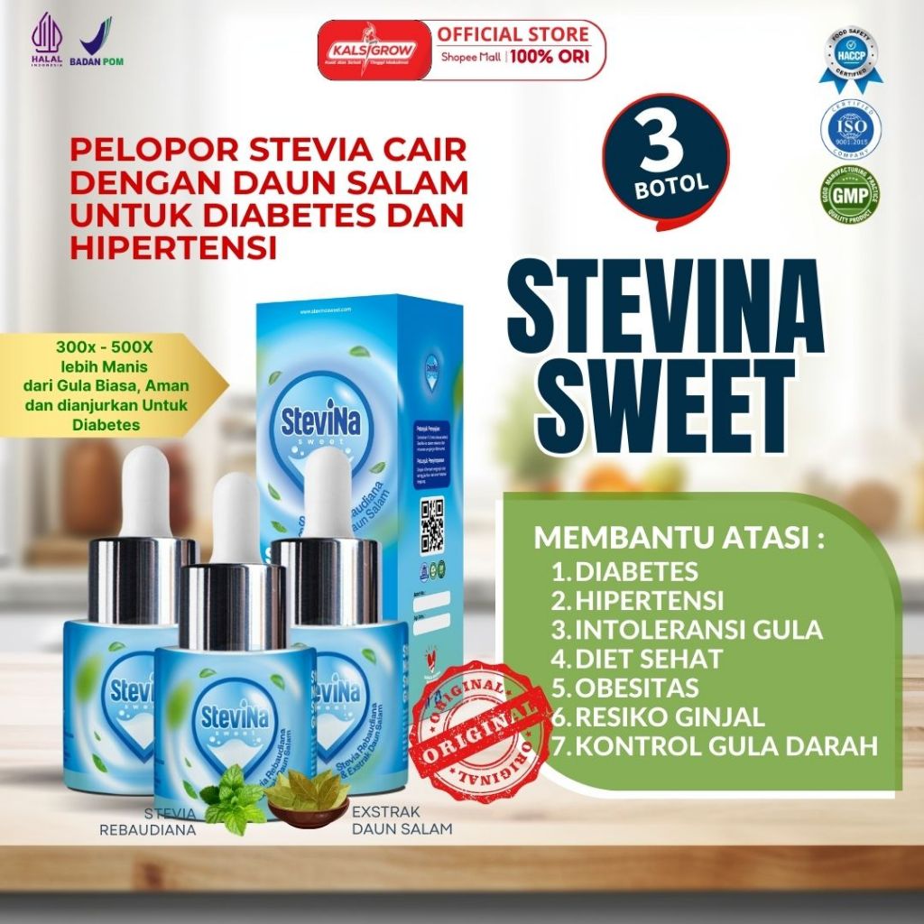 

(Kemasan box) Stevina Sweet Pemanis Alami 0 Kalori plus Herbal Daun salam Pengganti Gula untuk Penderita Hipertensi Kemasan 3 botol