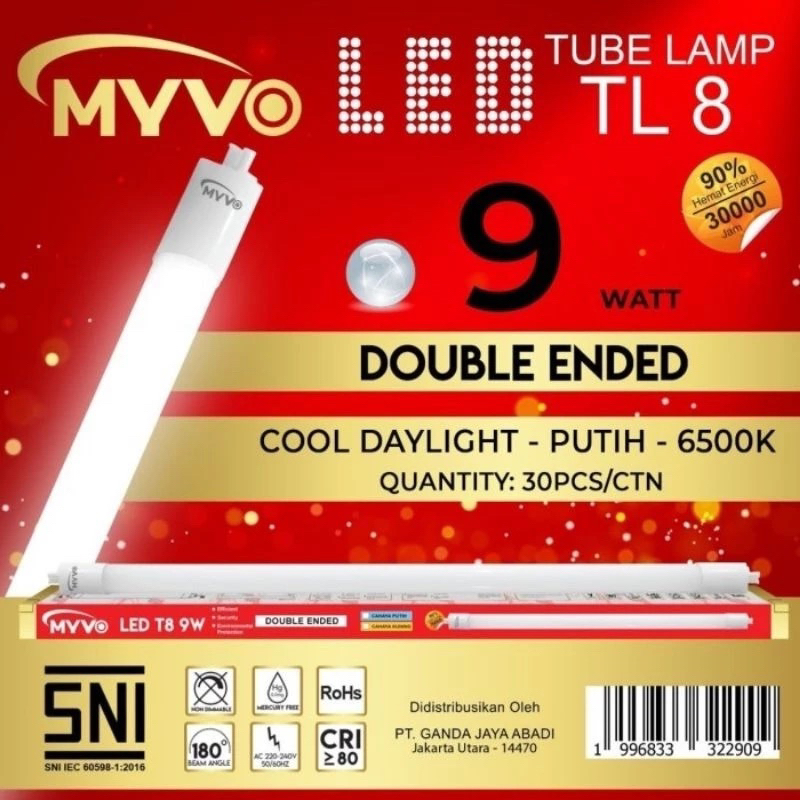 Lampu T8 LED MYVO 9 Watt (60 CM) (Cahaya Putih / 6.500K)