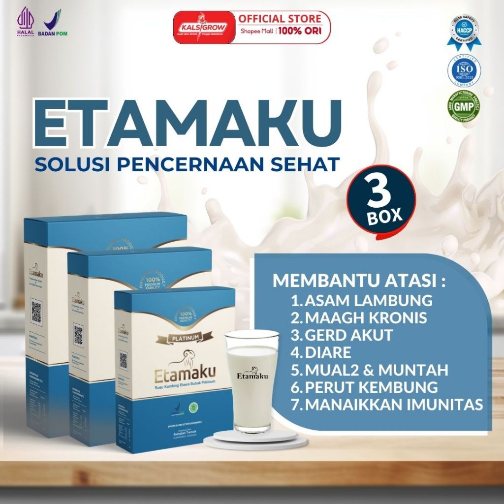 

Etamaku Susu Kambing Etawa Untuk Kesehatan Lambung dan Pencernaan Kemasan Paket 3 Box