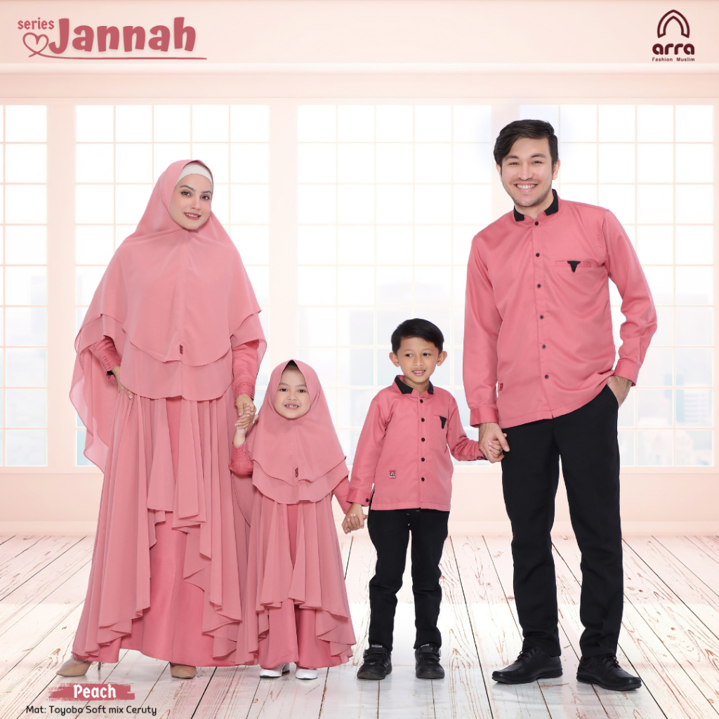 BAJU COUPLE KELUARGA GAMIS KOKO PRIA WANITA ARRA SARIMBIT JANNAH PEACH MODEL LEBARAN 2025