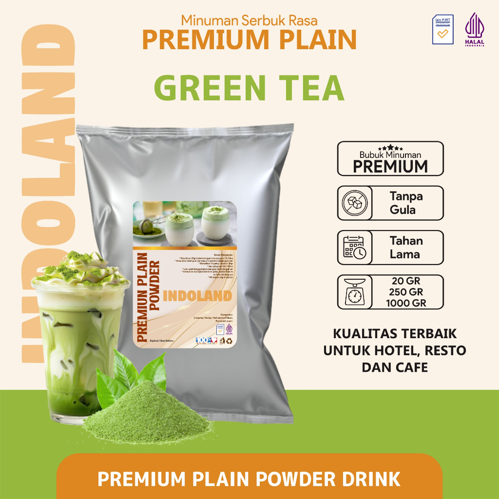 

Bubuk Minuman Plain Premium Tanpa Gula Rasa Green Tea Plain Powder Drink No Sugar Green Tea Indoland 250 gram / 1 kg