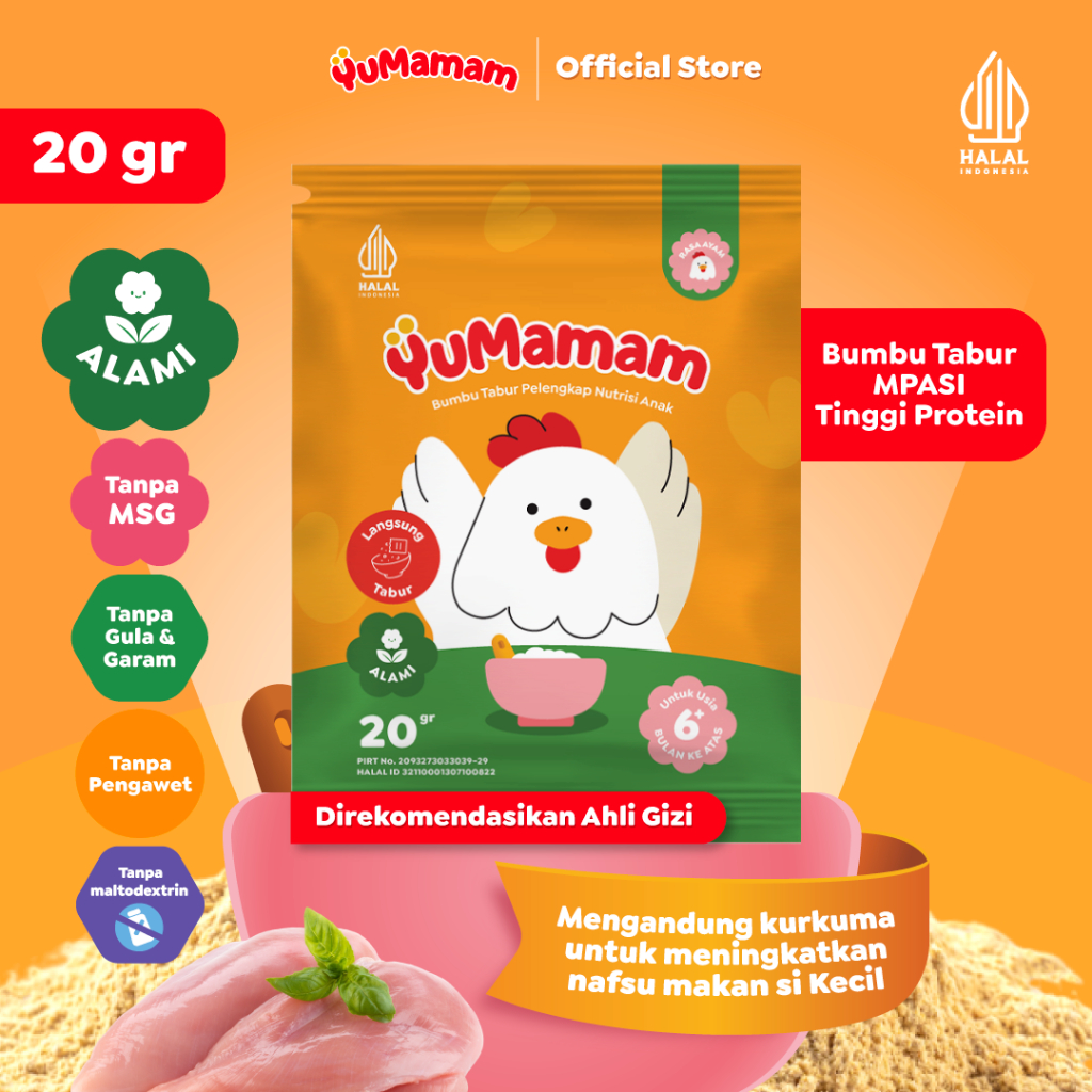 

YuMamam Bumbu Tabur MPASI Prakits | Alami Tinggi Protein & Kurkuma Penambah Nafsu Makan - NON MSG | Rasa Ayam (20 gr)