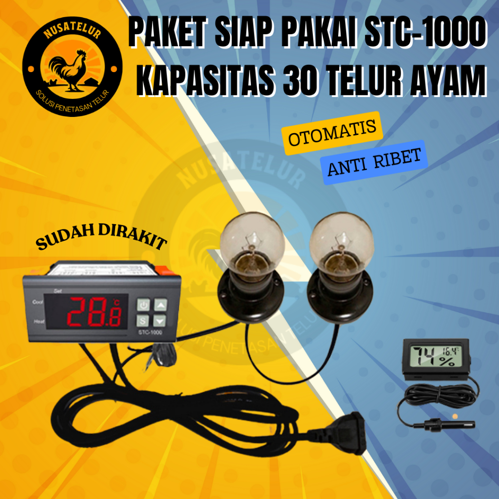 NUSATELUR Paket Siap Pakai Termostat XH-W3001 Kapasitas 25 - 30 Butir Telur Ayam Otomatis Suhu Panas