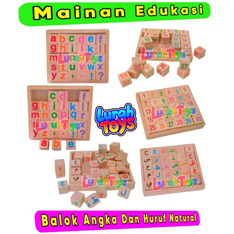 MAINAN EDUKASI ALAT PERMAINAN EDUKATIF BALOK ANGKA DAN HURUF NATURAL KAYU PINUS BALOK HURUF ALPABET 