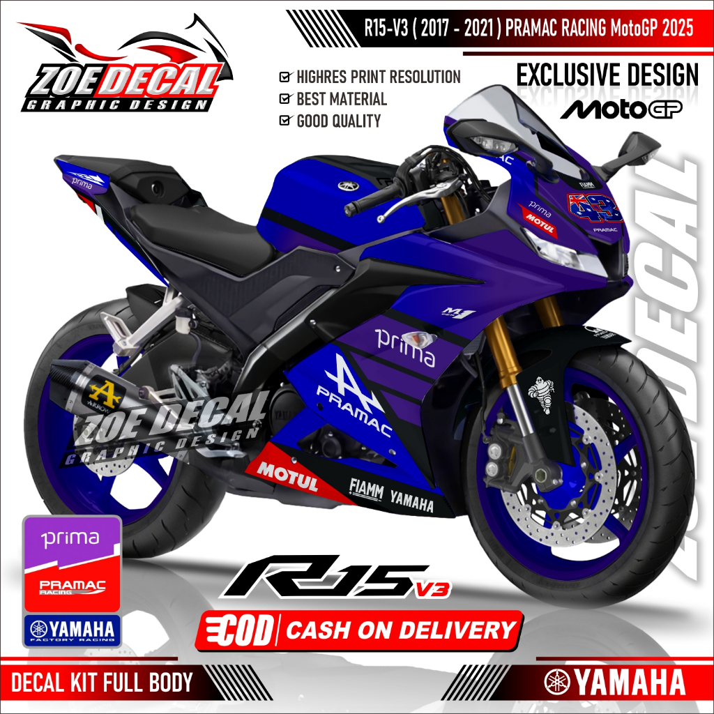 Terbaru Decal Stiker Full Body YAMAHA R15 V3 / R125 Livery YAMAHA PRAMAC RACING Motogp2025 Jack Mill