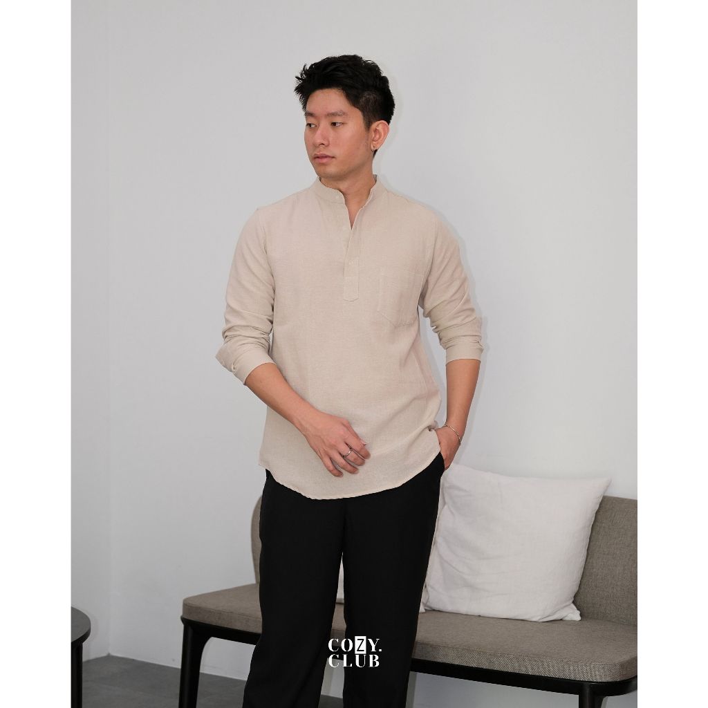 COZYCLUB Linen Koko Polo Kaos Kerah Koko Pria Lengan Panjang 171