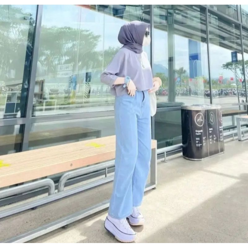 Celana Jeans Wanita Loose Highwaist Celana Jeans Pinggang Tinggi korean style Celana Kulot Wanita
