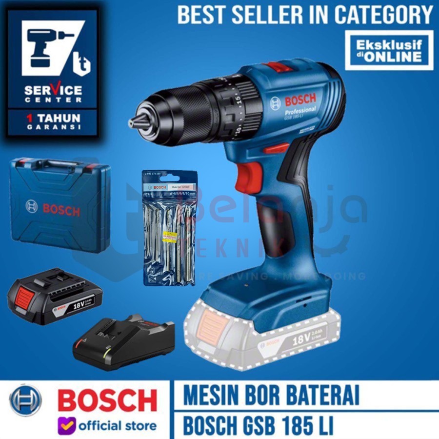 Bosch Bor Tembok Baterai Cordless GSB 185 LI 18V + Mata Bor CYL-2 5Pcs