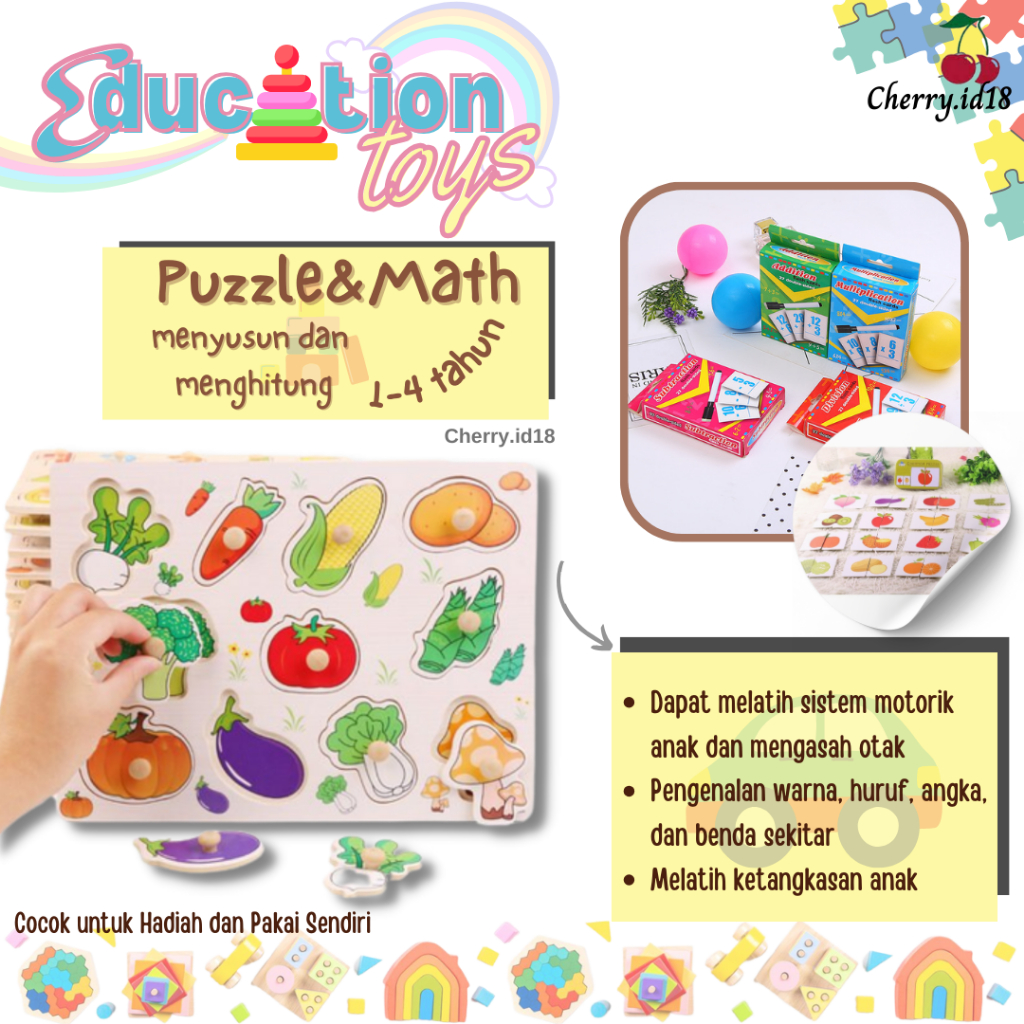 CHERRY COD MAINAN EDUKASI ANAK PUZZLE 3D / PUZZLE KNOP PUZZLE KAYU / MAINAN FLASHCARD