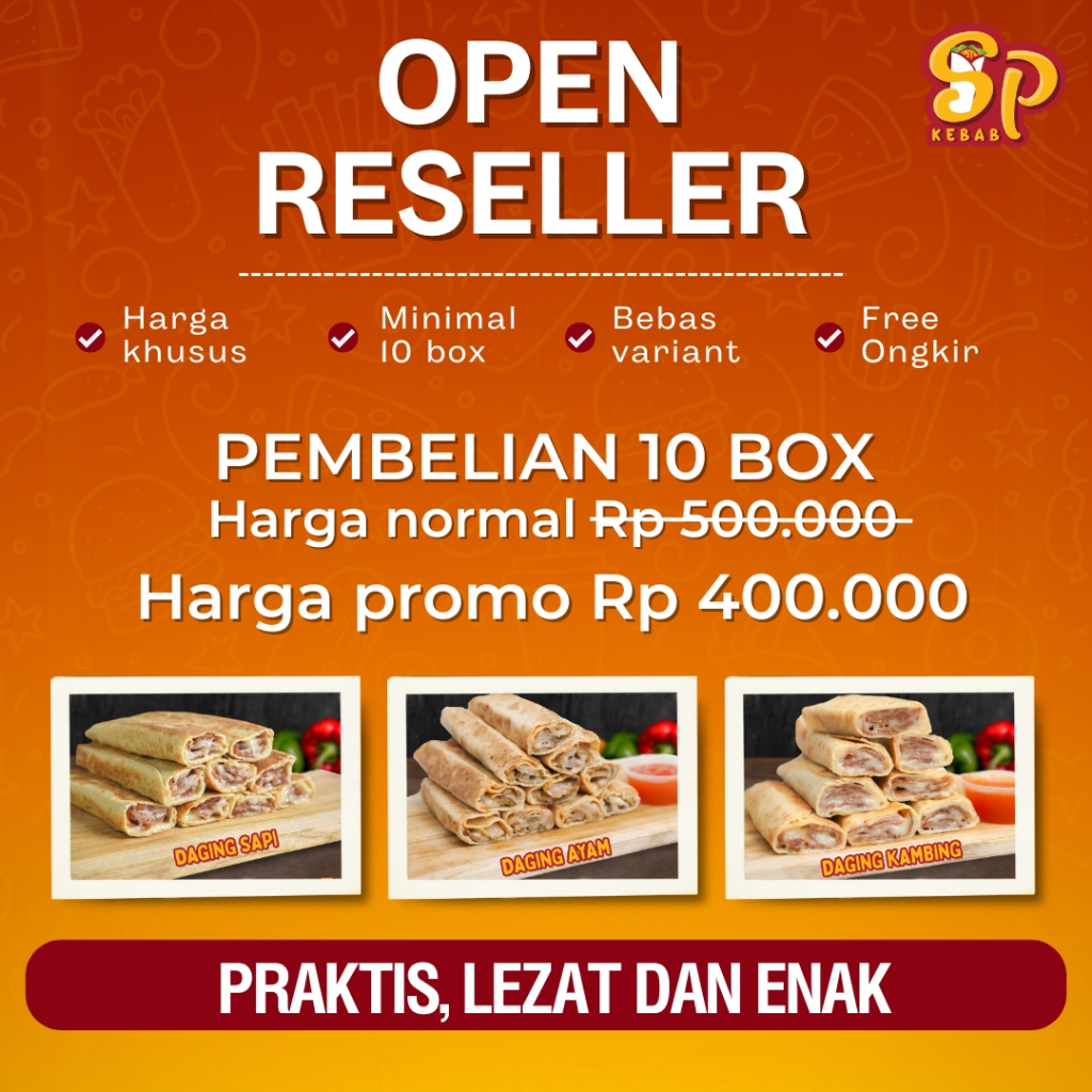 

PAKET RESELLER SPKEBAB 10BOX KEBAB BISA MIX VARIAN SILAHKAN DINOTE SPkebab Daging Sapi, SPkebab Daging Kambing, SPkebab Daging Ayam KEBAB TURKI CEMILAN FROZEN , KEBAB PREMIUM , KEBAB HALAL, KEBAB SEDANG , KEBAB BEEF , KEBAB CHICKEN , KEBAB LAMB