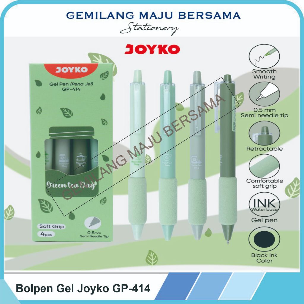 

Bolpen Gel Pen Jell Pen Pulpen Pena Joyko GP-414 Green tea Day 0.5 mm (Harga 1 Set = Isi 4 Pcs)