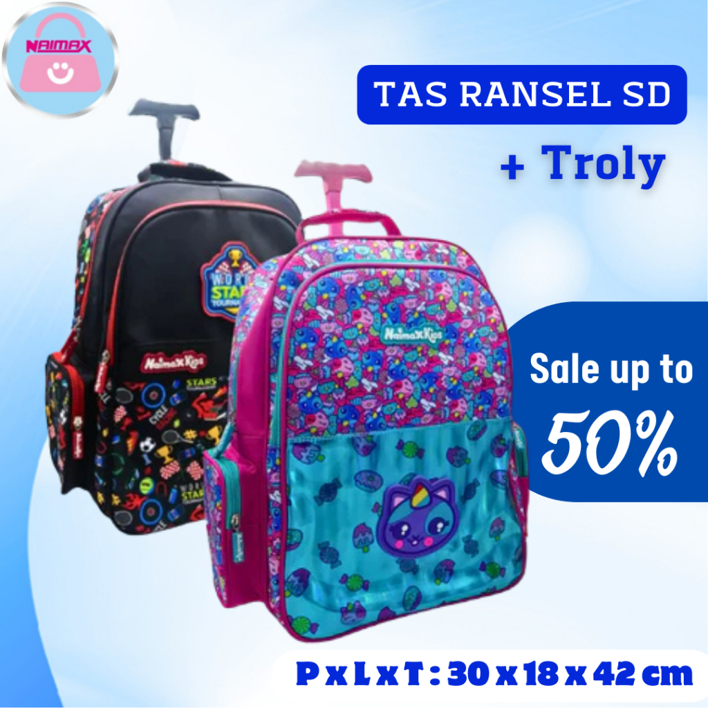 Naimax Kids | Tas Troli SD Anak Perempuan laki-laki | Tas Sekolah karakter Anak Tas Trolley Kuat
