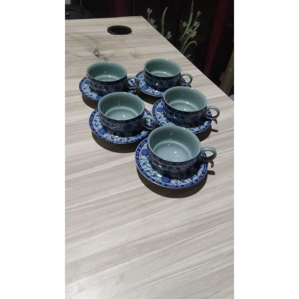 Cangkir Teh Keramik Bunga Biru Kombalt 1 Set Kuno Jadul Antik