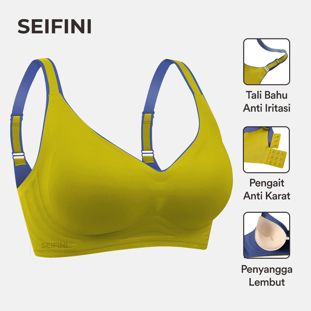 SEIFINI Bra Seamless Tanpa Kawat E025 Pakaian Dalam Wanita Busa Tipis BH Big Size Cup - Olive Yellow