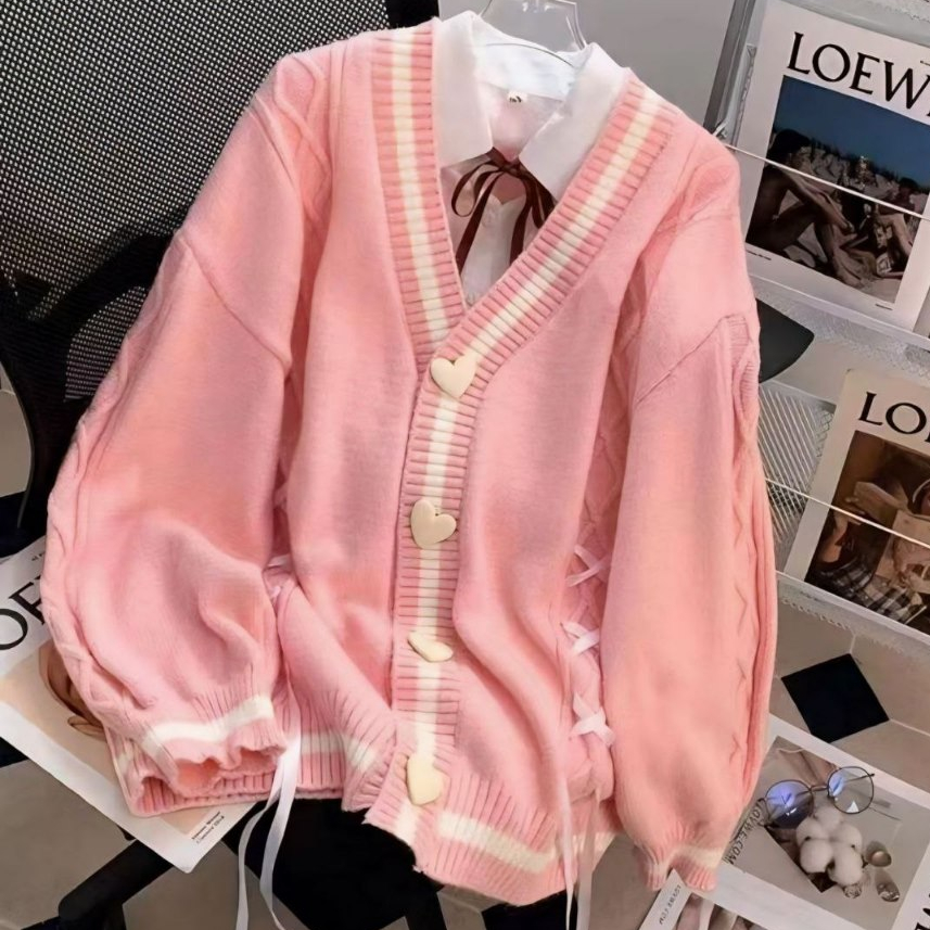 GS - Cardigan Rajut Pita Love Korea Outer Wanita Remaja Girly | Cardigan Lucu Pita Cute Tebal Oversi