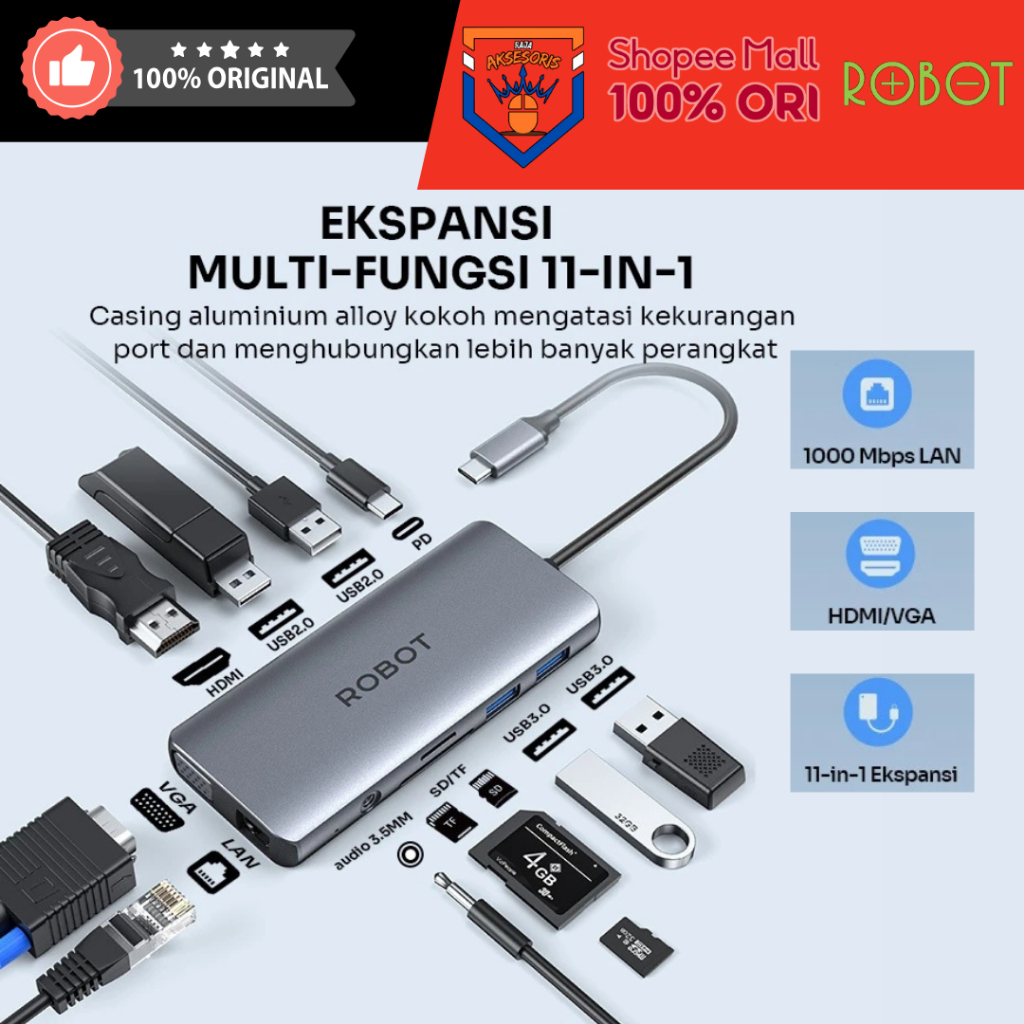 ROBOT HT3110 USB-C Docking Station Laptop 11-in-1 Eksplan Type C To HUB Adapter With RJ45 HDMI VGA
