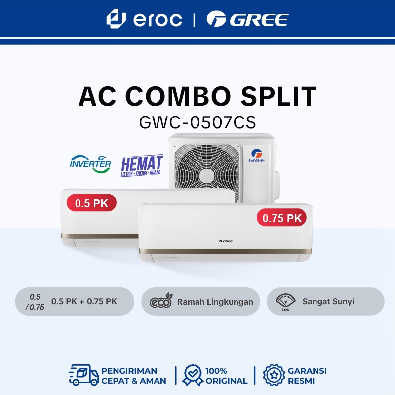 GREE AC COMBO SPLIT - INVERTER - PUTIH [2 INDOOR 0.5 PK + 3/4 PK & 1 OUTDOOR] MODEL GWC-0507CS