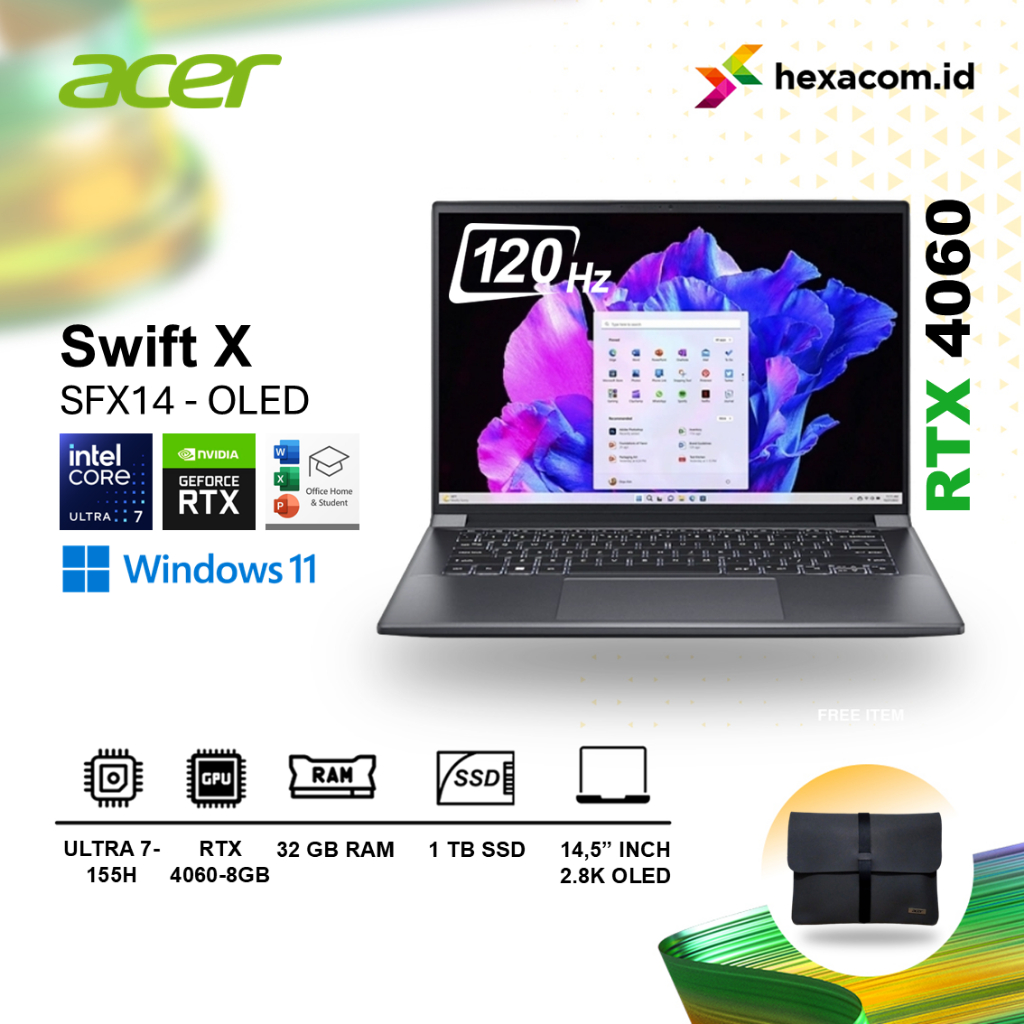 Laptop Acer Swift X OLED RTX 4060 Ultra 7-55H 32GB 1TB SSD 14.5" 2.8K 120HZ