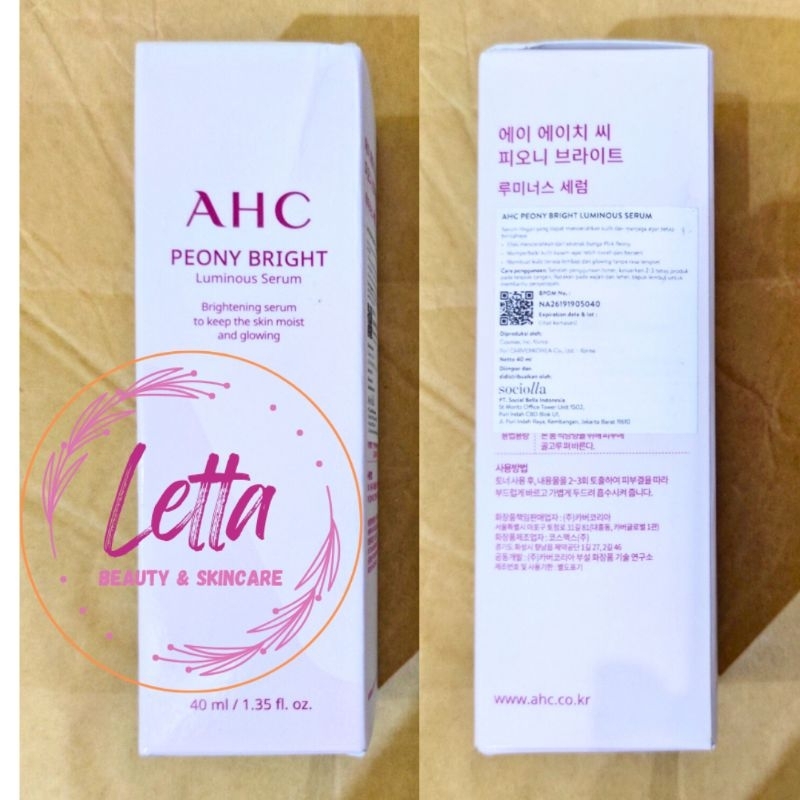 AHC Peony Bright Luminous Serum 40mL Serum Brightening Serum Pencerah Wajah Serum Kulit Kusam