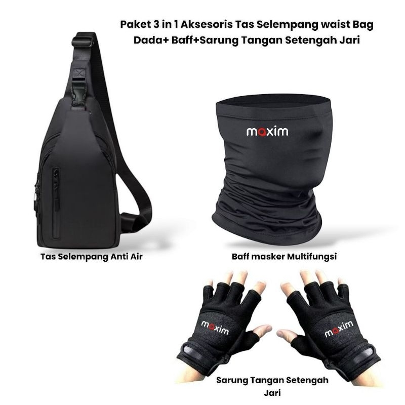 Paket Hemat OJOL Kurir (Maxim )Tas Selempang Dada Waist Bag+Baff+Sarung tangan Setengah Jari Pria Wa