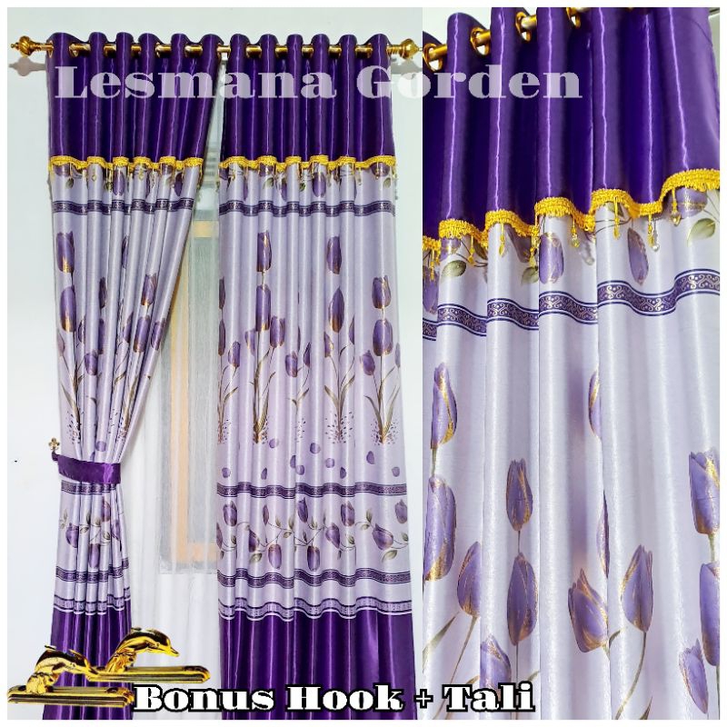Gorden Blackout Poni Tempel Rumbai Mewah Tebal Original Motip Tulip Ungu