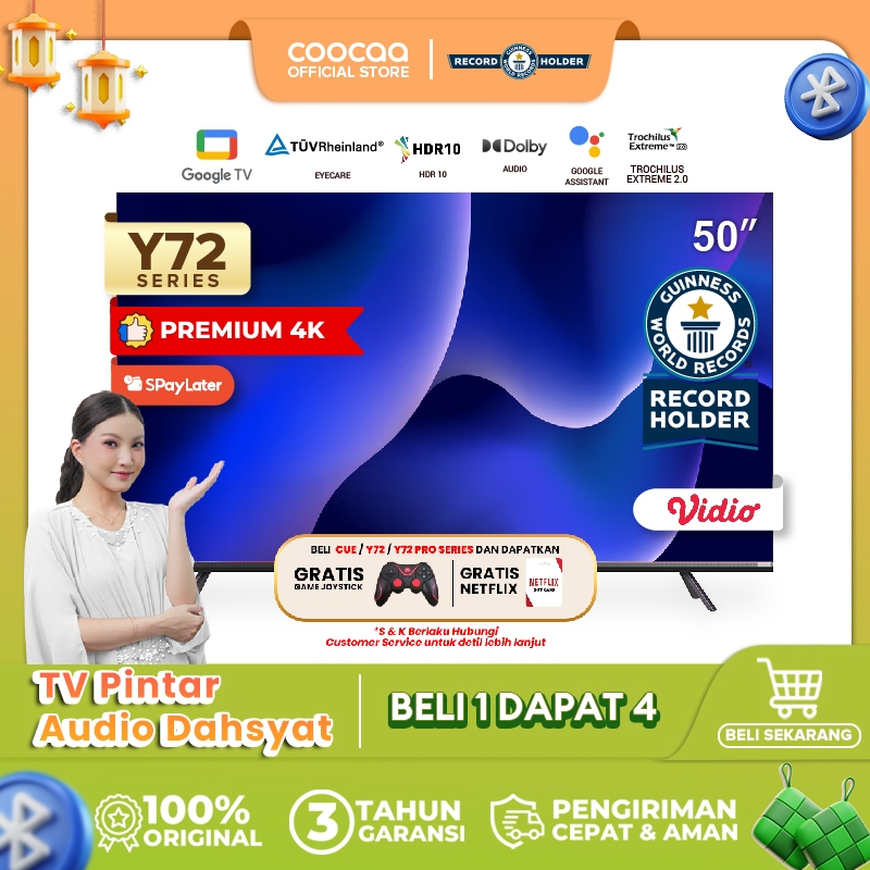 COOCAA TV 50 inch Y72 - 4K GOOGLE TV - Smart TV - EYE CARE - Google Assistant - Dolby Audio - Low Bl