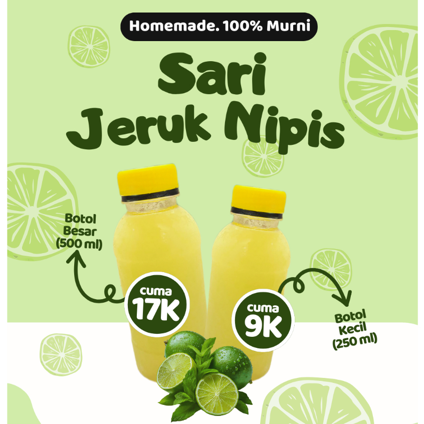 

Homemade Sari Jeruk Nipis 100% Murni Botol Kecil 250ml Botol Besar 500ml