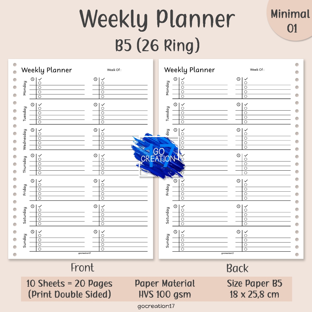 

Buku Planner Kertas Isi Binder Weekly Plan Rencana Mingguan Simple Minimalis B5