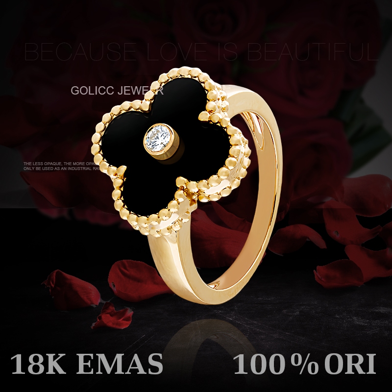 Cincin Couple Emas 18K Batu Akik Hitam Wanita Cincin Keberuntungan Semanggi Empat Daun