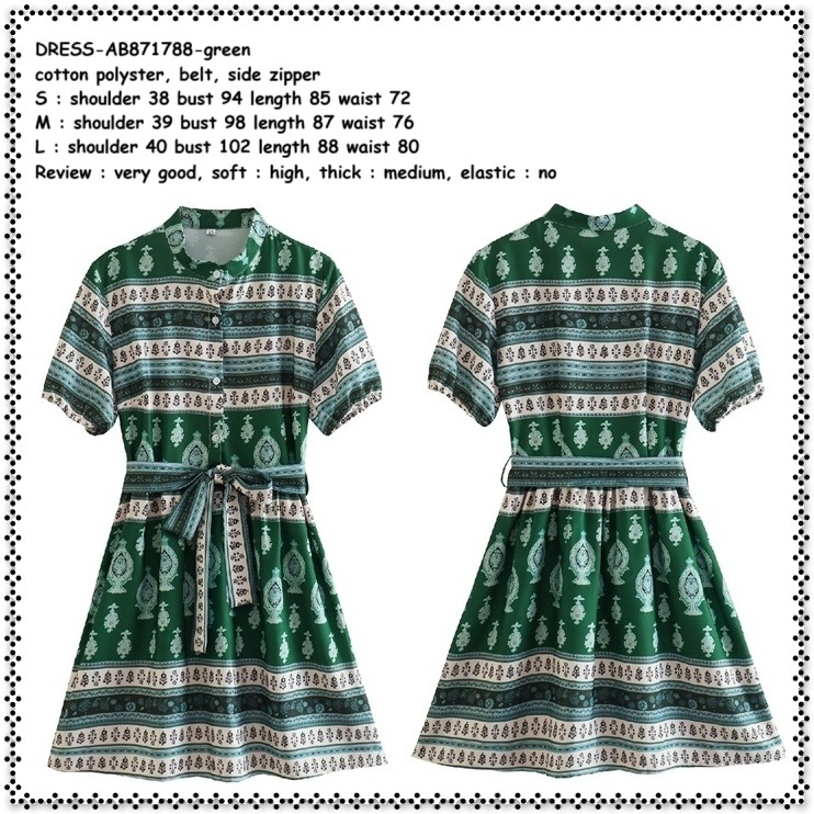AB871788 Mini Dress Kemeja Retro Lengan Pendek Wanita Korea Import Green Hijau Emerald Natal