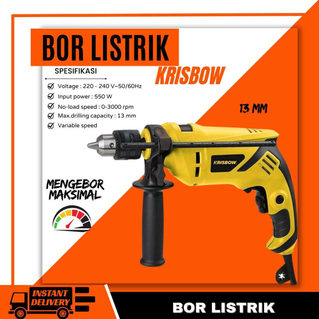 Mesin Bor Tangan Listrik 13mm KRISBOW IRDZ13 Electric Drill 13 mm Bor Tembok Beton Besi Kayu Metal P