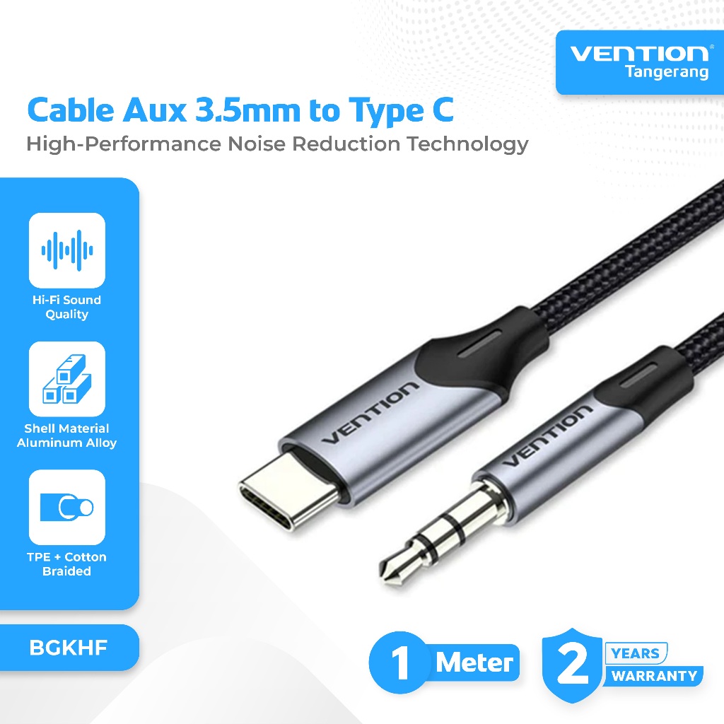 Vention Kabel Audio Type C to AUX 3.5mm TRS Hi-Fi Pure Sound Quality Cotton Braided 1 Meter - BGKHF