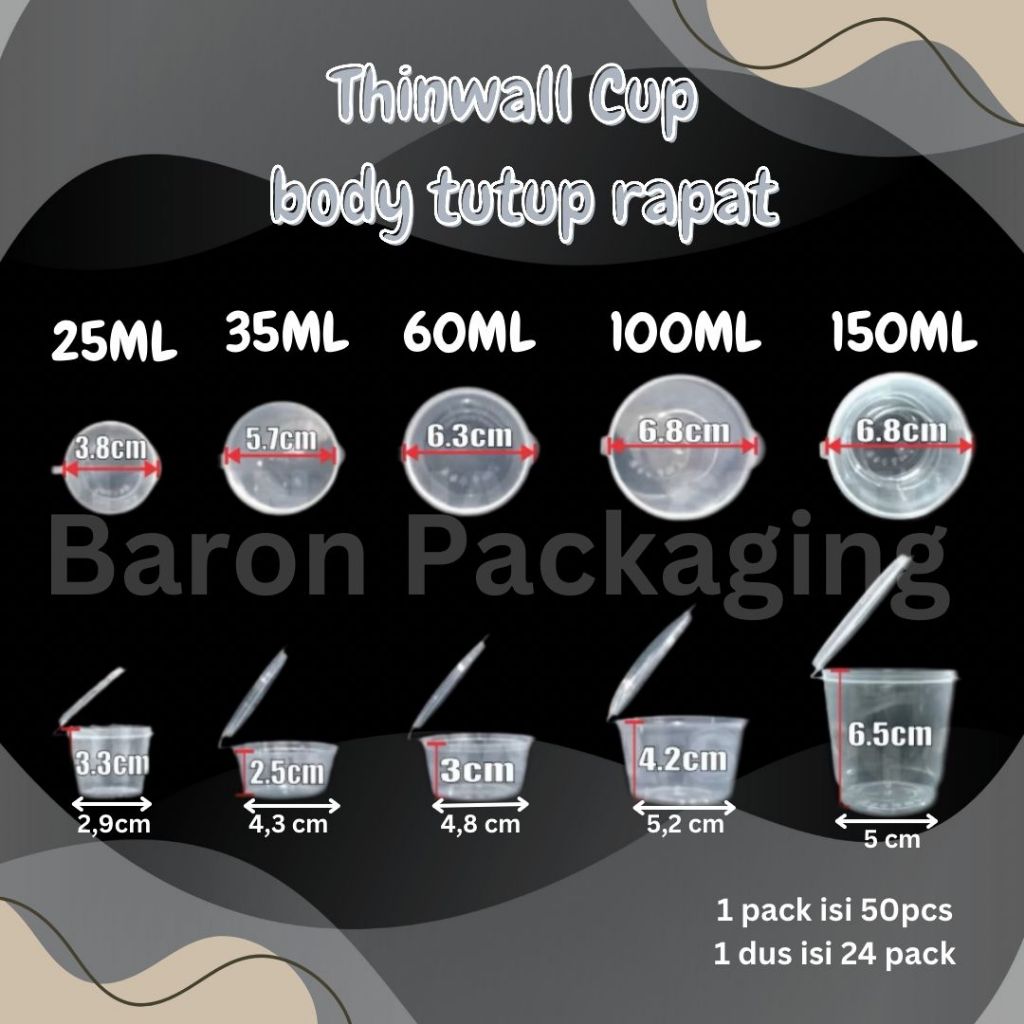 Thinwall Cup Rapat 25ml 35ml 60ml 100ml 150ml Dus Bulat Cup Sambel & Cup Puding Plastik