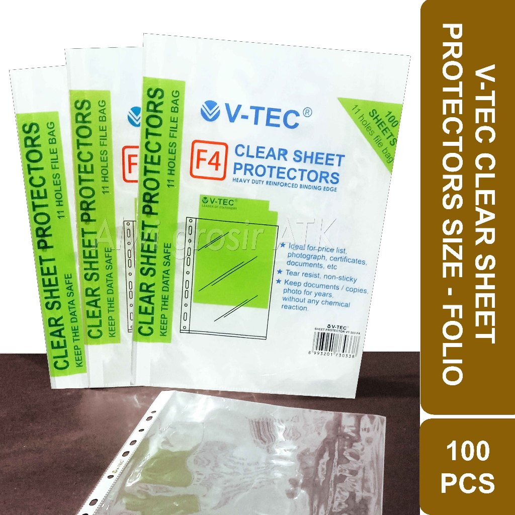 

V-TEC Clear Sheet Protectors F4 - Plastik Pelindung Kertas Ordner | 1 Pack = 100 Lembar