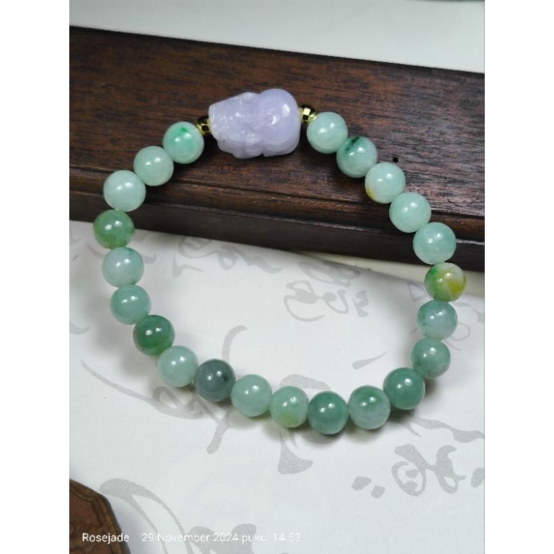 Gelang Giok Burma Apple Green mix Lavender Pixiu bersertifikat