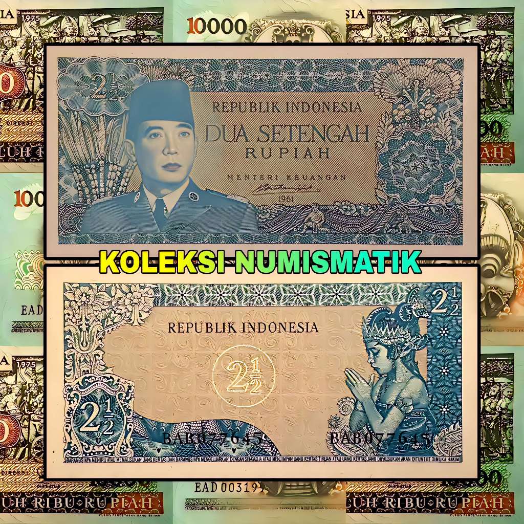 SOUVENIR UANG KERTAS KUNO INDONESIA 2½ RUPIAH SOEKARNO PENARI 1961