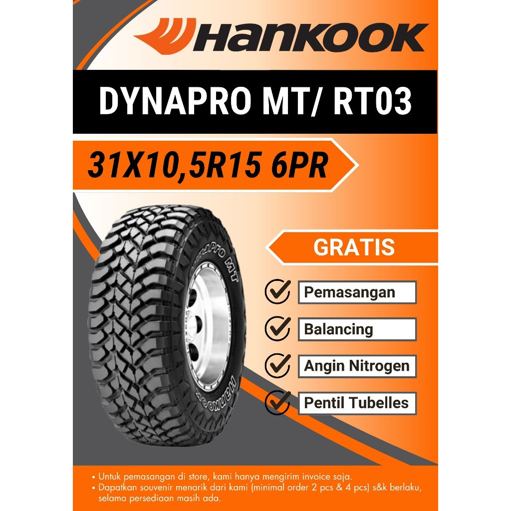Ban Mobil Hankook 31x10.5 R15 6PR DYNAPRO MT RT03 tubeless, Ban Offroad 31 10,5 15, 31 MT , 31x10,5-