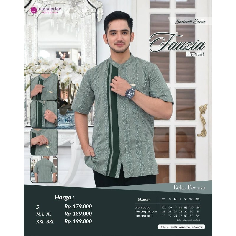 RAUNA BAJU COUPLE KELUARGA / SARIMBIT TERBARU MODEL FAUZIA WARNA EMERALD (KOKO AYAH / GAMIS IBU )