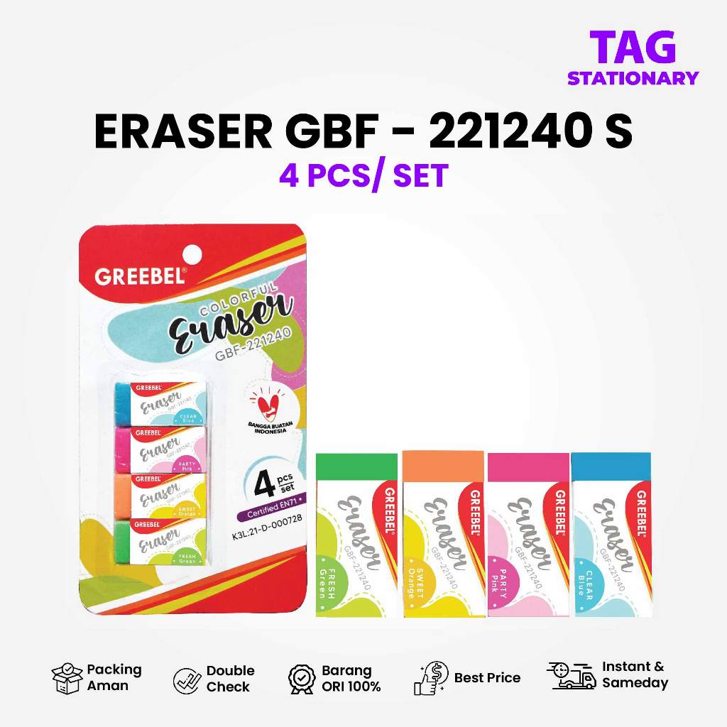 

GREEBEL Penghapus Putih / ERASER GBF-221240 BLISTER (4 PCS/SET) / Stip Hapusan / Timur Agung Grosir