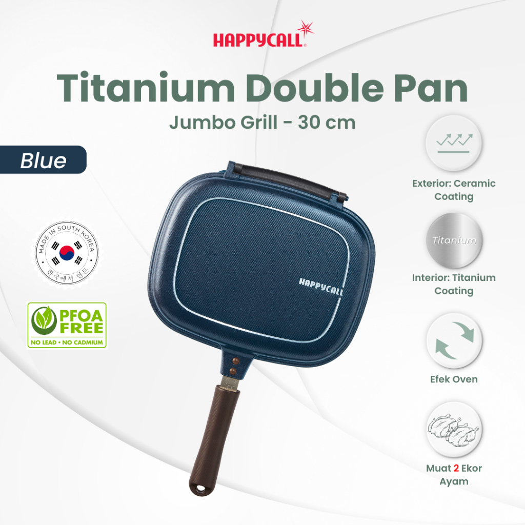 Happycall Titanium Double Pan Jumbo Grill Blue 30 cm - Alat Pemanggang Dua Sisi