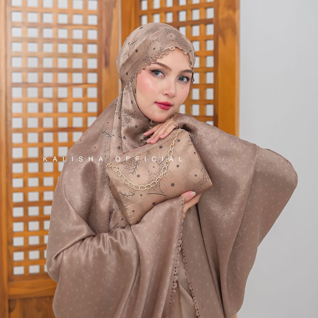 Kalisha - Mukena Dewasa Silk Motif Mukena Santorini  Mukena 2in1 Jumbo Mukena Satin Silky Lasercut