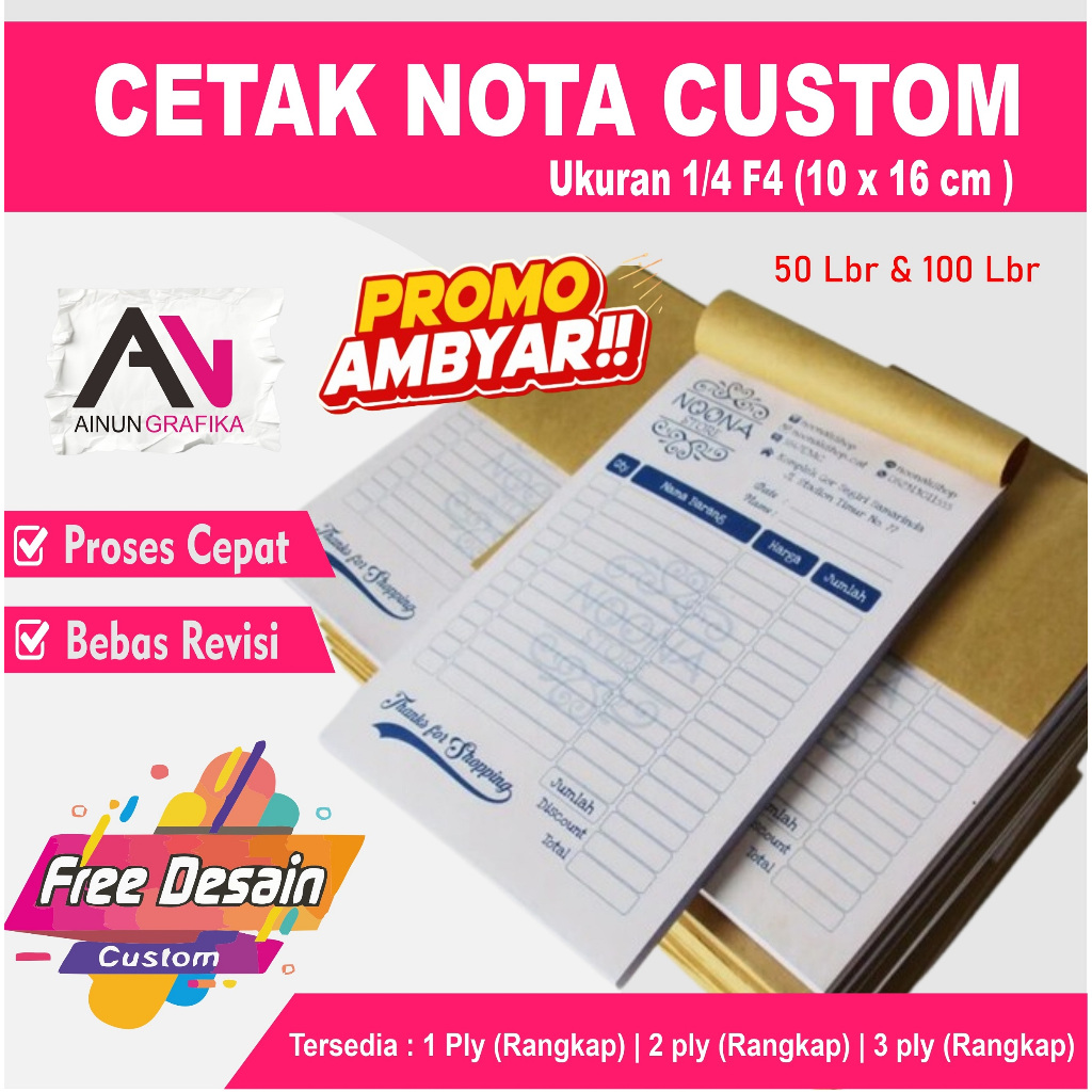 

NOTA CUSTOM UKURAN 1/4 FOLIO 10X16 CM 1 PLY ATAU 2 PLY ATAU 3 PLY