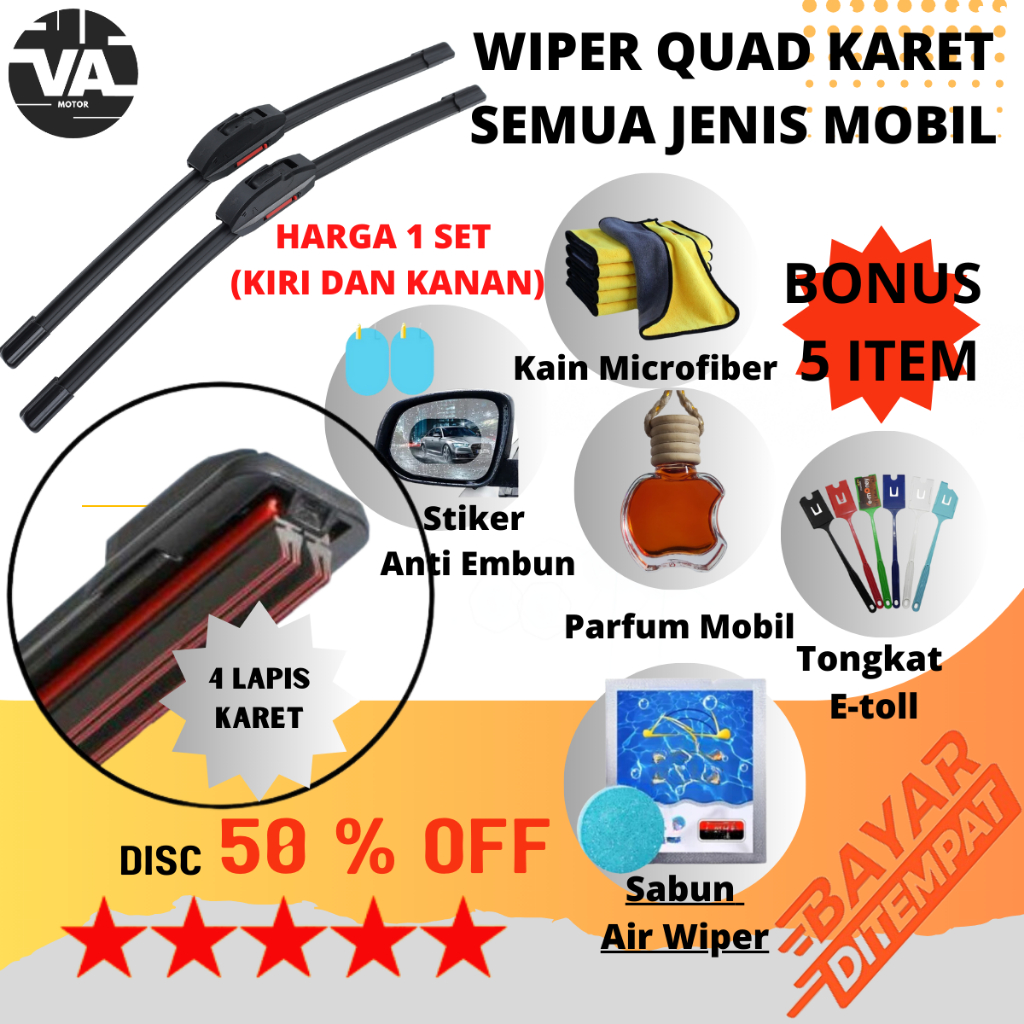 Wiper Quad Blade 4 Lapis Karet Frameless Universal 1 Set Kiri Kanan Tanpa Rangka Besi Bonus 5 Item