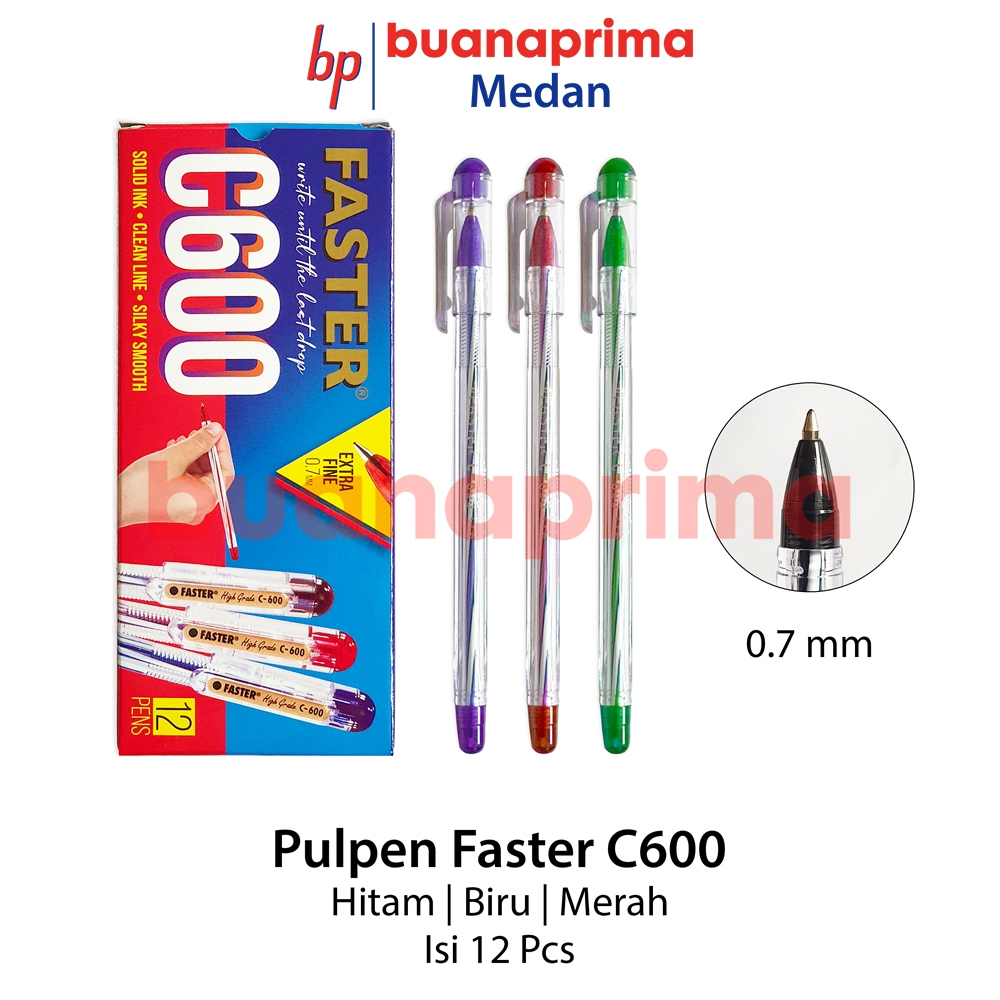 

Pulpen FASTER C600 Tip 0.7 mm 1 Box isi 12 pcs Hitam Biru Merah Ballpoin Bolpen Pen Pena Bolpoin