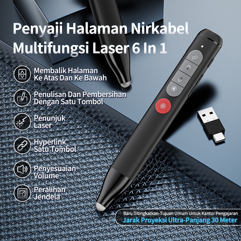 BASIEK 6 in 1 Pointer Presentasi Wireless Laser Pointer 2.4G USB Type C Rechargeable 200mAh