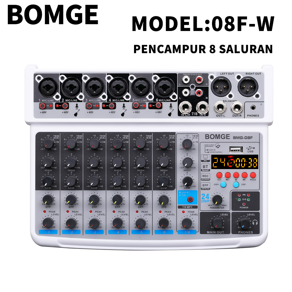 BOMGE 08F-W 8 Channel Mini Audio Mixer DC 5V With MP3 Player, 48V 24DSP