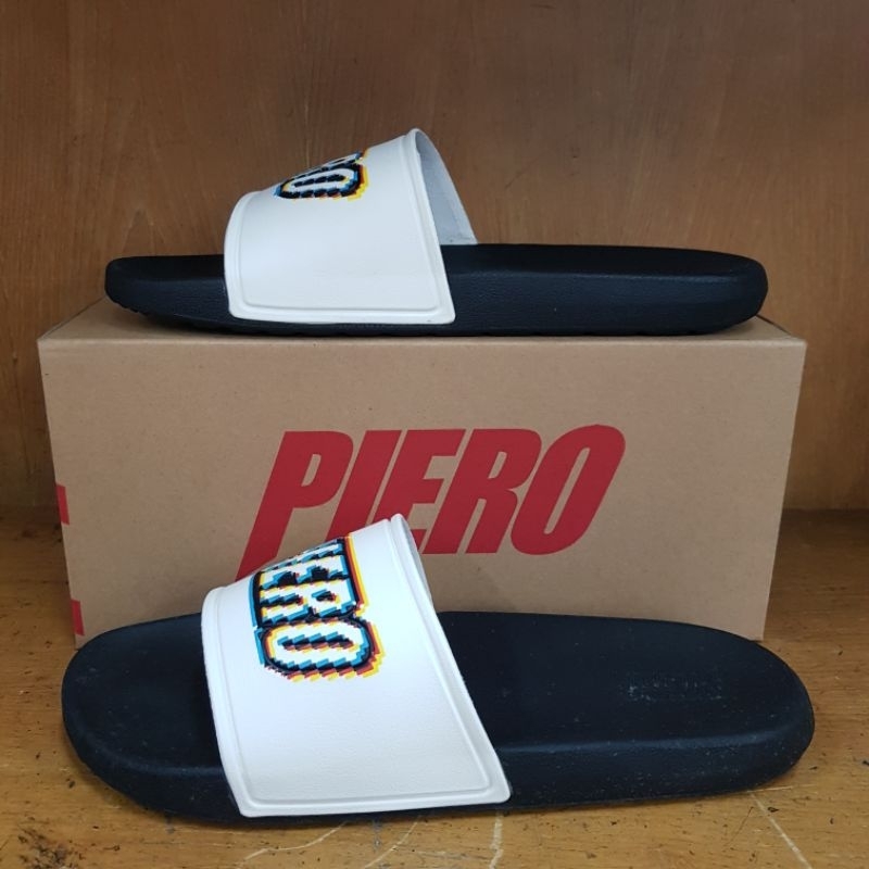 Sandal sendal slide on slip slipper Piero Puna Glitch Black White hitam putih original