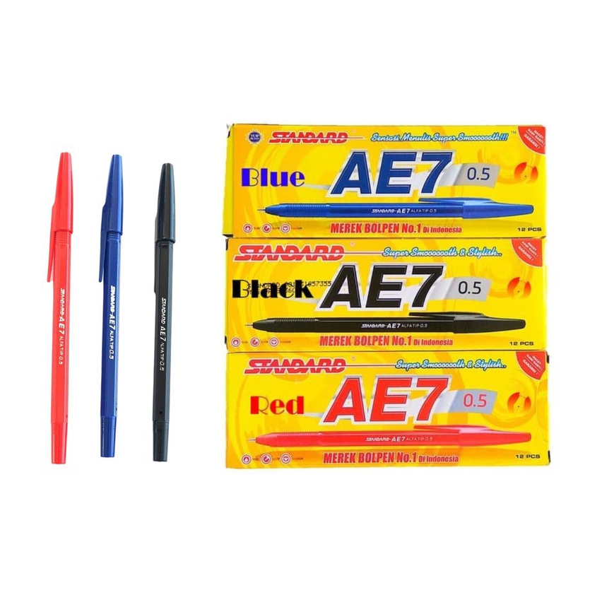 

(1 PACK isi 12 pcs)Pulpen Standard AE7 Hitam, Biru, Merah / Ball Pen / Pena 0.5mm Standard AE7