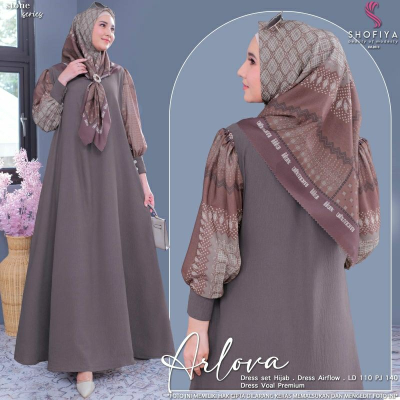 gamis arlova set jilbab ori shofiya gamis kekinian bahan airflow motif polos hitam putih jumbo busui